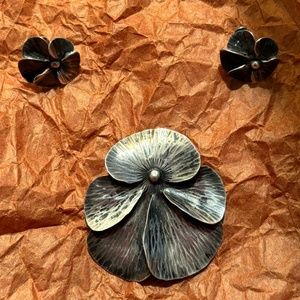 Silver Floral Brooch and Earrings